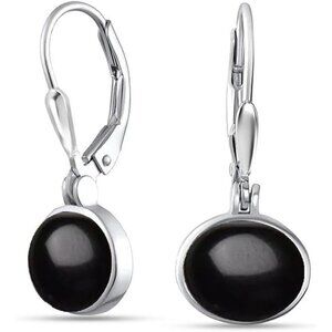 Women's Sterling Silver Drop Created Birthstone Leverback Black Earring